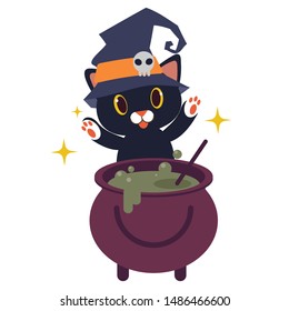 The character of black cat wear wicth hat have skull cat with the wich pot in flat vector style.