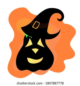 The character black pumpkin in a witch's hat smiles frighteningly on orange background.