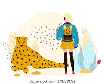 Character blond female, drink cup, cheetah beast, concept wildlife banner, isolated in white, flat vector illustration. Girl, big cat, palm leaf, wild animal african. Design for woman freedom.