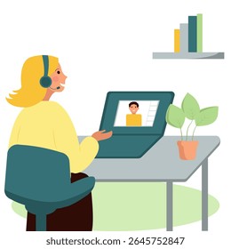 Personagem menina loira em fones de ouvido senta-se na mesa, comunica-se com o personagem on-line, on-line, laptop, planta doméstica, escritório, aprendizagem on-line, mensageiro, bate-papo, comunicação, conferência