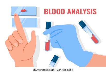 Character with blood analysis concept. Flasks with plasma and blade. Health care and diagnosis, regular checkups. Insulin and glucose, tests for diabetes. Cartoon flat vector illustration