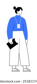 Um personagem de topo azul, calças brancas, vestindo um crachá de identificação e segurando uma área de transferência preta. Estilo simples, mas profissional. Ideal para empresas, escritórios, relatórios, apresentações e treinamento. Três palavras Mín