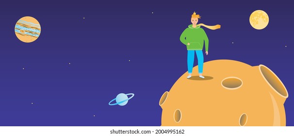 The character of the book the little prince, copy space template. Flat vector stock illustration. Planet with craters. Little prince with a scarf. Space at night. The plot of the book