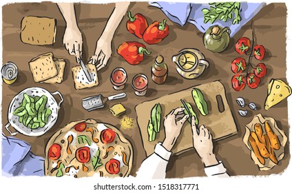 Character book magazine illustration showing the hands of a man and a woman who are preparing a joint lunch, Breakfast, dinner