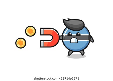 el personaje de la placa de la bandera botswana sostiene un imán para capturar las monedas de oro, diseño de estilo lindo para camiseta, pegatina, elemento logo