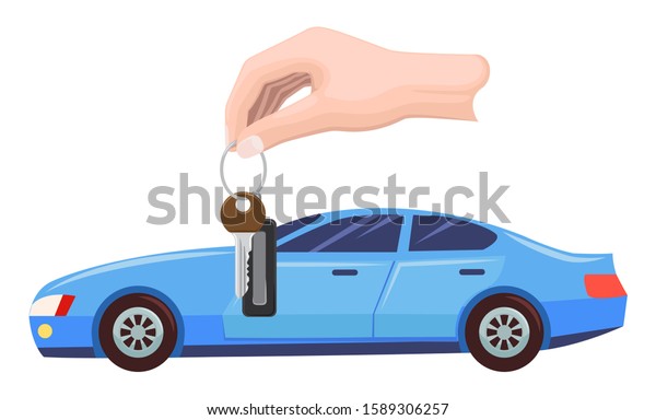 Character bought sport car, hand with keys.\
Automobile of modern type, owner with transport automotive sport.\
Buy new blue car. Vector\
illustration