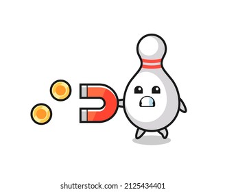 the character of bowling pin hold a magnet to catch the gold coins , cute style design for t shirt, sticker, logo element