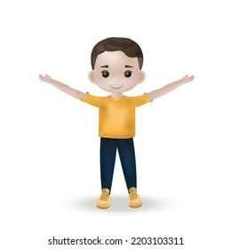 Character boy 3d. Realistic vector illustration. A happy boy at full height with hands up is smiling. Optimistic child, cartoon style. 