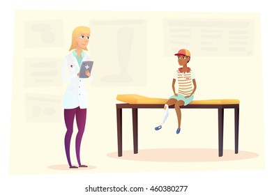 Character boy with a bionic prosthetic leg. Cartoon illustration style.