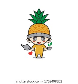 Character boy with costume pineapple fruit