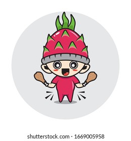 Character Boy In A Dragon Fruit Costume. Turkey Leg.