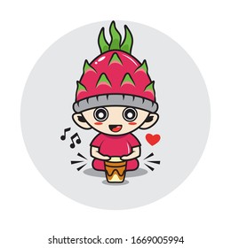 Character boy in a dragon fruit costume. playing drum.