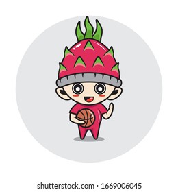 Character boy in a dragon fruit costume. playing basketball.