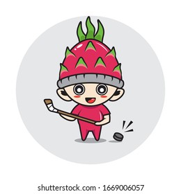 Character boy in a dragon fruit costume. playing hockey.