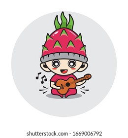 Character boy in a dragon fruit costume. playing the gutar. 