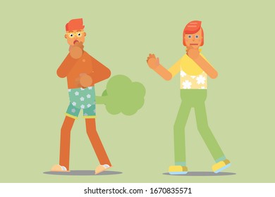 A character of a boy with glasses farts and behind him is a mother, happy theme. Simple character vector illustration, this illustration can use as a sticker also.