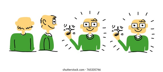 Character boy painted smiled in 
full face, profile and back. In green sweater 