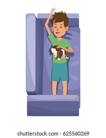 character boy resting sofa with her doggy pet