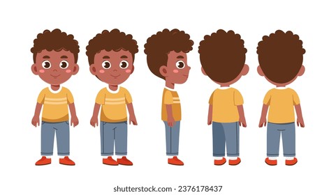 Character boy set. African American child in different angles. Pack for animations. Graphic elements for website. Cartoon flat vector collection isolated on white background