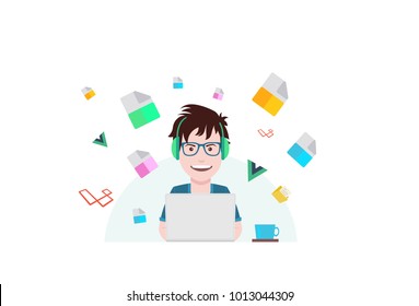 Character of a boy sitting and working on the laptop. Vector Illustration. Isolated on white background.