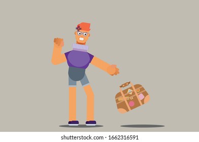A character of a boy throwing his suitcase, Sadly a summertime theme. Simple character vector illustration, this illustration can use as a sticker also.