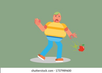 Un personaje de un niño tomó una manzana rara. Tema del asco. Simple ilustración vectorial de caracteres, esta ilustración también puede utilizarse como pegatina.