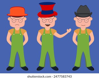 Character of boy wearing hat and glasses in different expression mood.