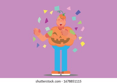 A character of a boy wears a pumpkin costume with rousing background, Halloween theme. Simple character vector illustration, this illustration can use as a sticker also.