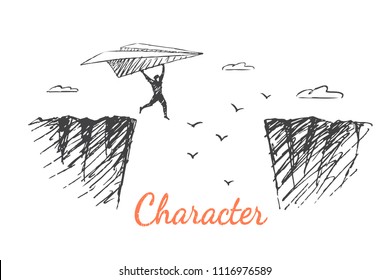 Character. A brave man flies across the abyss on a paper plane. Vector business concept illustration, hand drawn sketch.