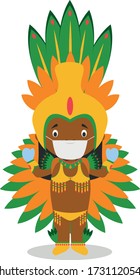 Character from Brazil dressed in the traditional way as a Carnival dancer and with surgical mask and latex gloves as protection against a health emergency