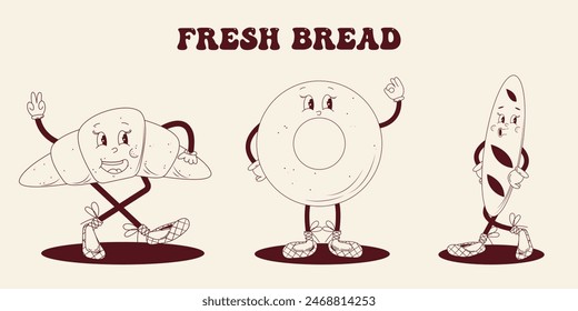 Character bread, pretzel, bun for bakery design in the style of the 60s-70s.Groovy-style characters for bakery, bread, and baking designs.Fresh bread