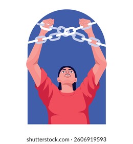 A character breaking chains depicting freedom, flat illustration