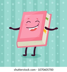 Character bright book. Childish book with smiling face, school, education concept, design elements