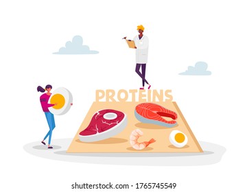 Character Bring Protein Products for Keto Diet. Male Doctor Nutritionist in White Robe Holding Clipboard Writing Notes. Dietology Science, Healthy Nutrition Concept. Cartoon People Vector Illustration