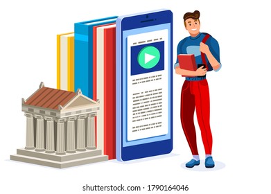 Character with brochure on back to college. Male student on university poster with stationery pack. Back to school poster with male character. Knowledge concept Isometric Illustration Flat Vector.