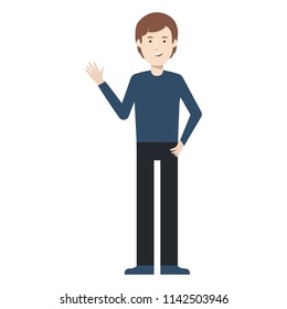 The character of a brown hair man in front view wearing dark blue long sleeves and black pants.