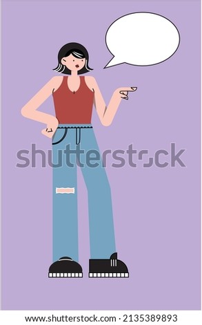 Character brunette in jeans with text cloud