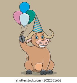 Character Buffalo Bring Balloons Ready For Party, Light Brown Colors Background, Mascot, Icon, Character or Logo, Vector and Illustration.