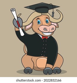 Character Buffalo Bring certificate and Graduate Custom, Light Brown Colors Background, Mascot, Icon, Character or Logo, Vector and Illustration.