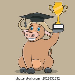 Character Buffalo Bring Trophy and Graduate, Light Brown Colors Background, Mascot, Icon, Character or Logo, Vector and Illustration.