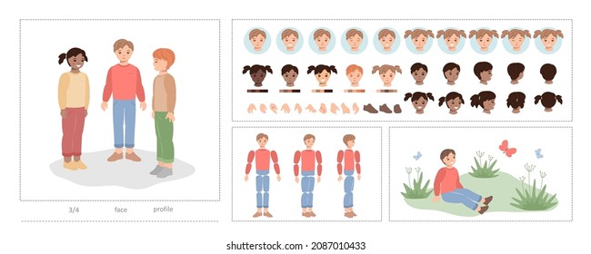 Character Builder or Character Creation Kit - Kids. A set for creating characters in full-face, profile  with face types, hair color, emotions, body parts. Children - boy and girl. Vector.