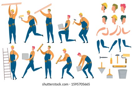 Character Builder Different Parts, Illustration. Guy in Helmet Holds Board over his Head, Builder Runs with Roller Hands, Man Holds Block, Man Stands next to Stairs, Foreman Applies Construction Tool.