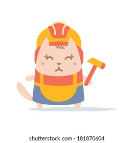 Character builder in helmet and working clothes colorful flat. Cat female stands smiling and holding a  hammer