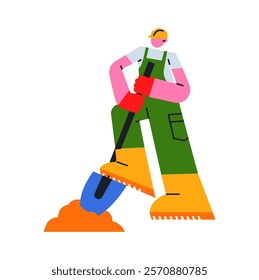 Character builder worker in helmet. Cartoon builder digs hole with shovel in uniform with tools. Vector illustration in geometric flat doodle style