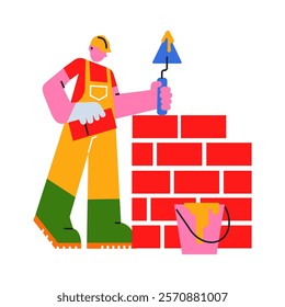 Character builder worker in helmet. Cartoon repair service worker,  builder lays bricks, plaster with a spatula and cement in uniform with tools. Vector illustration in geometric flat doodle style