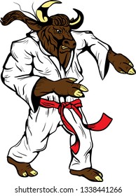 The character is a bull in a fighting stance dressed in a kimono with a red belt. Purposeful attitude to win. Martial art as a lifestyle