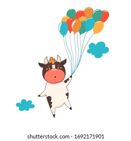 Character bull  flies on  balloons isolate on a white background. Vector graphics.