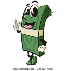 character of a bundle of cash money cartoon vector isolated clip art mascot illustration give the OK sign, work of hand drawn