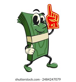 character of a bundle of cash money cartoon vector isolated clip art mascot illustration raise your foam finger, work of hand drawn