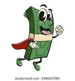 character of a bundle of cash money cartoon vector isolated clip art mascot illustration become a flying superhero wearing a robe, work of hand drawn